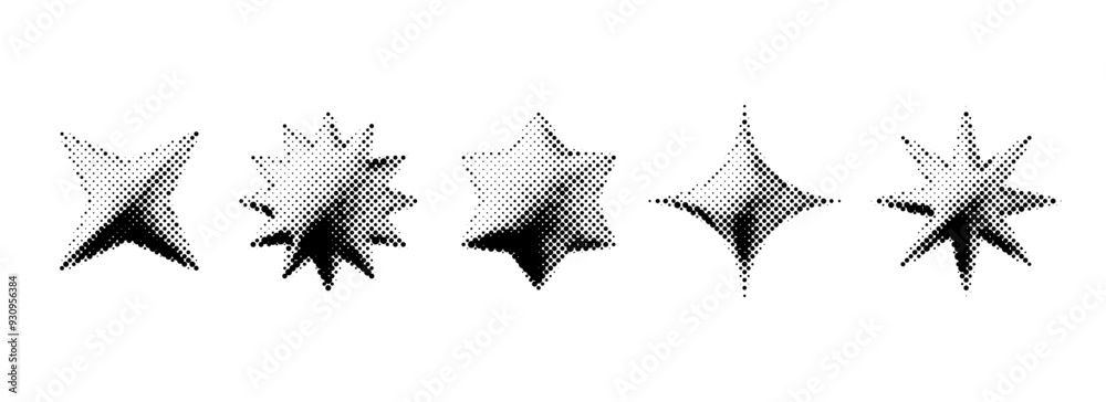 Poster black halftone grunge stars set. 3d dotted grainy star shape collection. y2k bitmap gradient element