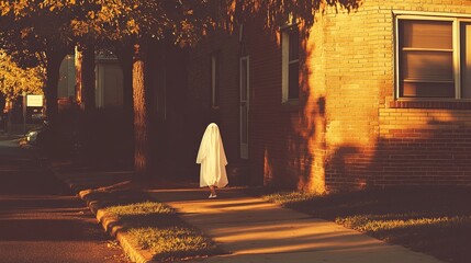 Vintage style photo of a child dressed as a ghost, walking past an old brick building on a suburban street, with warm evening light casting long shadows and highlighting the texture of the bricks