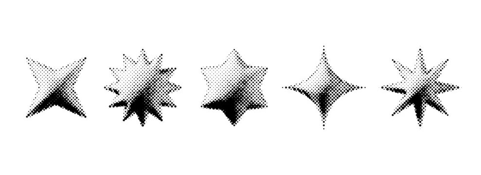 Black halftone grunge stars set. 3d dotted grainy star shape collection. Y2K bitmap gradient elements bundle. Pixel comic burst and sparkle design elements for poster, banner, flyer. Vector pack