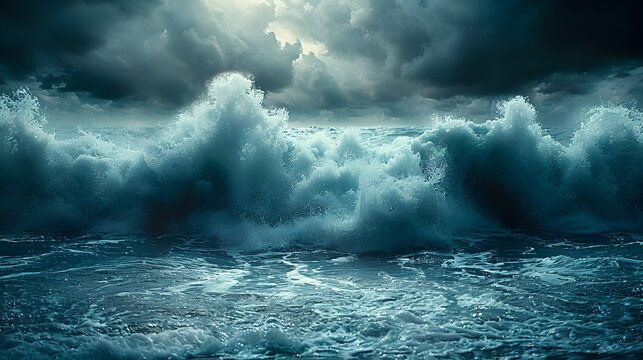 Dramatic Stormy Seascape with Crashing Waves and Dark Clouds in Powerful,Turbulent Nature Scenery