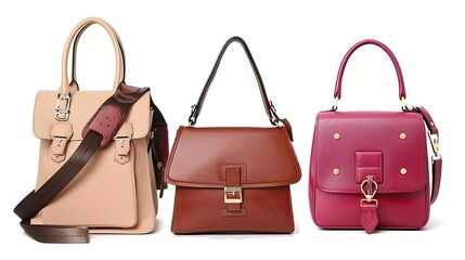 Three Leather Handbags in Beige, Brown and Pink