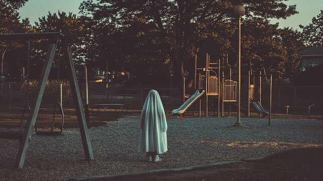 Vintage style photo of a child dressed as a ghost, standing near a suburban playground at dusk, with the empty swings and slides casting long, eerie shadows in the fading light