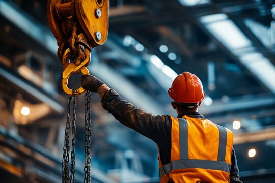 Rope access rigger wearing harness safety helmet heavy duty glove abseiling working in fall arrest position commencing using a lifting chain block hoist lifting a heavy load 