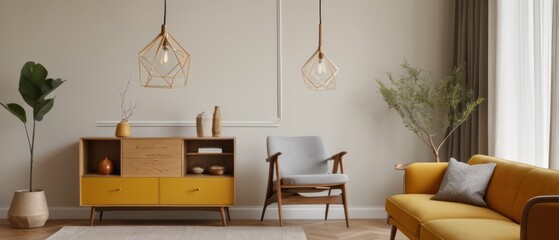 Cozy and stylish mid-century modern living room featuring vintage furniture, vibrant yellow accents, and unique decorative elements, creating a warm and inviting atmosphere.