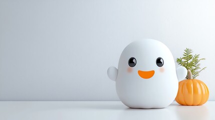 Cute ghost figurine with a smiling face next to a small pumpkin on a white background, perfect for Halloween decor.