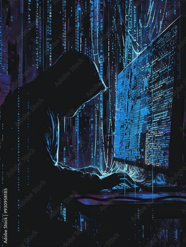Aufkleber A hacker in a dark hoodie types on a computer, illuminated by a screen filled with vibrant, cascading lines of code in a dimly lit environment. Generative AI