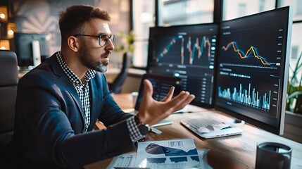 Fototapeta premium Professional financial analyst gesturing while monitoring stock market data charts on multiple computer screens in a modern office.
