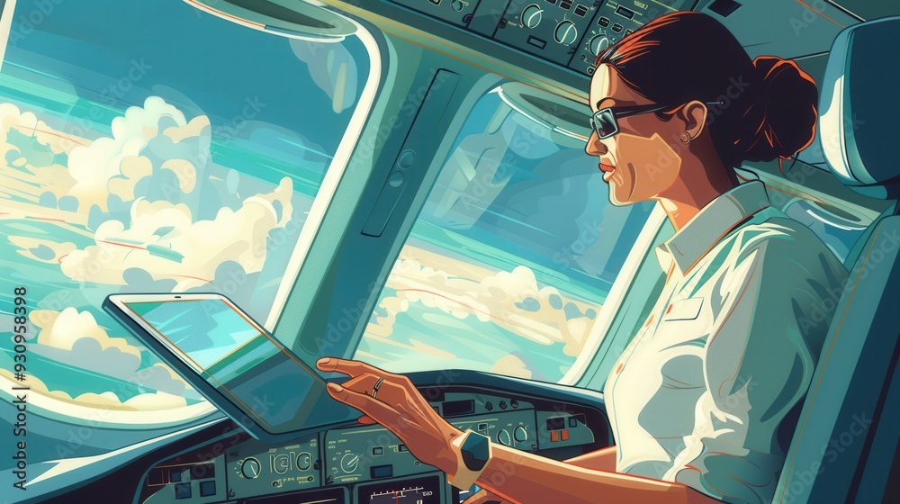 Poster The flight attendant focuses on her tablet, ensuring a smooth experience for passengers while soaring above fluffy clouds. Generative AI