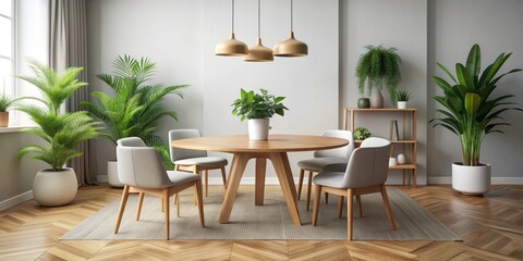 Modern dining room with round wooden table decorated with plants, mockup, blank frames, dining room