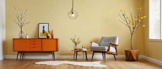 Cozy and stylish mid-century modern living room featuring vintage furniture, vibrant yellow accents, and unique decorative elements, creating a warm and inviting atmosphere.