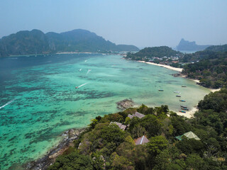 Fototapeta premium Aerial view of Koh Phi Phi Don with turquoise waters, tropical landscape of top destination in Krabi, Thailand