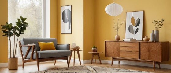 Cozy and stylish mid-century modern living room featuring vintage furniture, vibrant yellow accents, and unique decorative elements, creating a warm and inviting atmosphere.