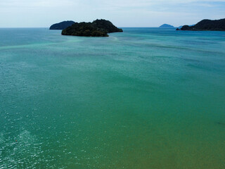 Aerial view of tropical archipelago in Koh Mak, Trat, Thailand, with intense turquoise water