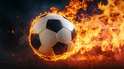 Fototapeta premium A visually striking image depicting a soccer ball engulfed in intense flames, symbolizing energy and vibrant intensity