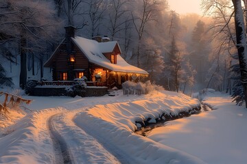 Enchanting Snow-Covered Cottage in a Picturesque Winter Landscape