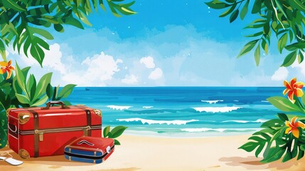 Obraz premium A vibrant tropical beach scene featuring red suitcases surrounded by lush greenery and a stunning ocean view.