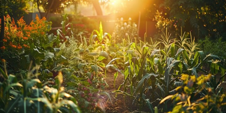 Vegetable garden designed with permaculture principles featuring a milpa bed planted with a diverse mix of corn squash and pole beans