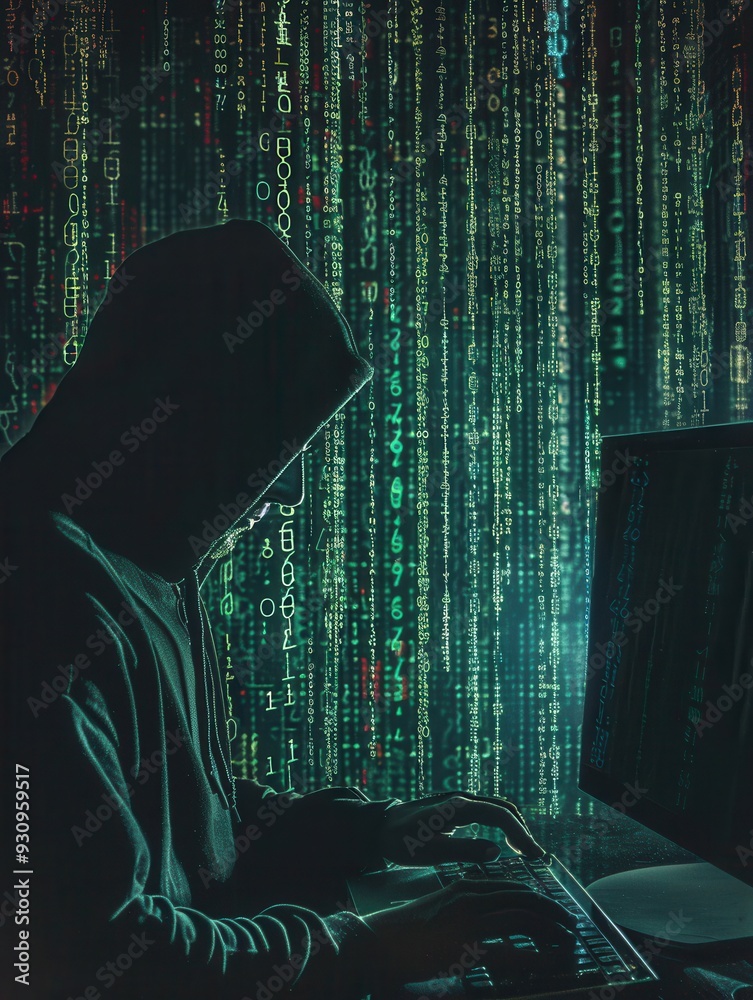 Aufkleber A hacker in a hoodie intently works on a computer with a large screen filled with matrix-like code, surrounded by darkness. Generative AI