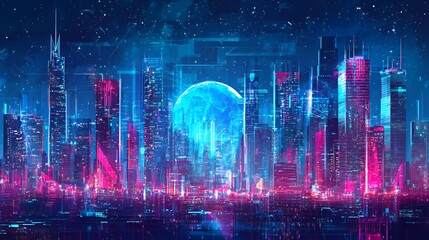 Obraz premium Futuristic cityscape with glowing neon lights and a large blue moon in the sky.