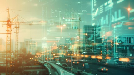 Cityscape with Construction Cranes and Digital Overlay