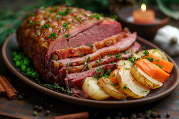 A serving of corned beef on a plate, complemented by roasted potatoes and colorful carrots, showcasing a comforting dish.