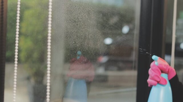 glass cleaner on a sheet of Cleaning glass window with a cloth special rag blue. close up hand