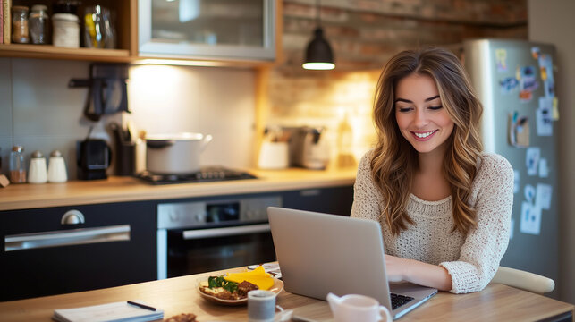 A woman enjoys a breakfast as she works from home on her laptop in the kitchen, illustrating the concept of remote work and flexible culture