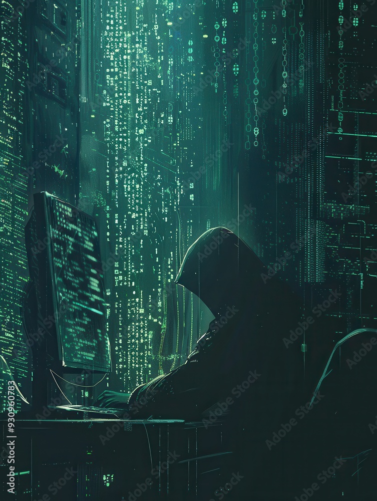 Poster a silhouette of a hacker focuses on computer work, surrounded by glowing code on a large screen in a