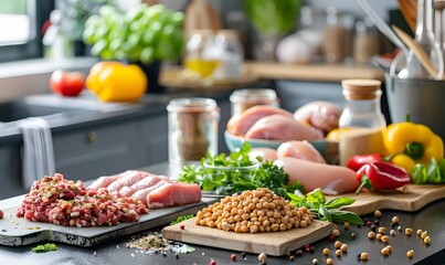 Obraz premium Selection of protein sources in kitchen background.