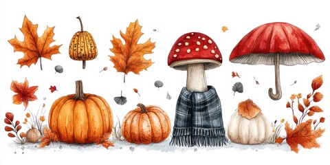 Watercolor Illustration of Autumn Leaves, Pumpkins, Mushrooms, and an Umbrella
