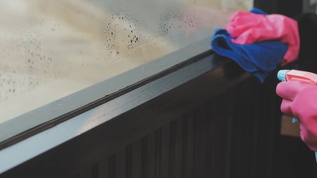 glass cleaner on a sheet of Cleaning glass window with a cloth special rag blue. close up hand