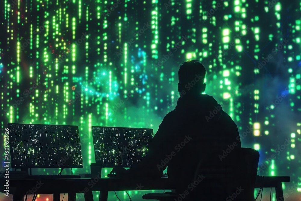 Aufkleber A silhouette of a hacker in a hoodie focused on analyzing flowing green code on large computer screens, immersed in a dark and mysterious environment. Generative AI
