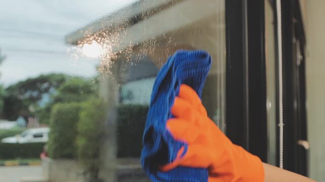 glass cleaner on a sheet of Cleaning glass window with a cloth special rag blue. close up hand