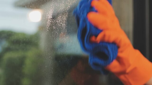 glass cleaner on a sheet of Cleaning glass window with a cloth special rag blue. close up hand
