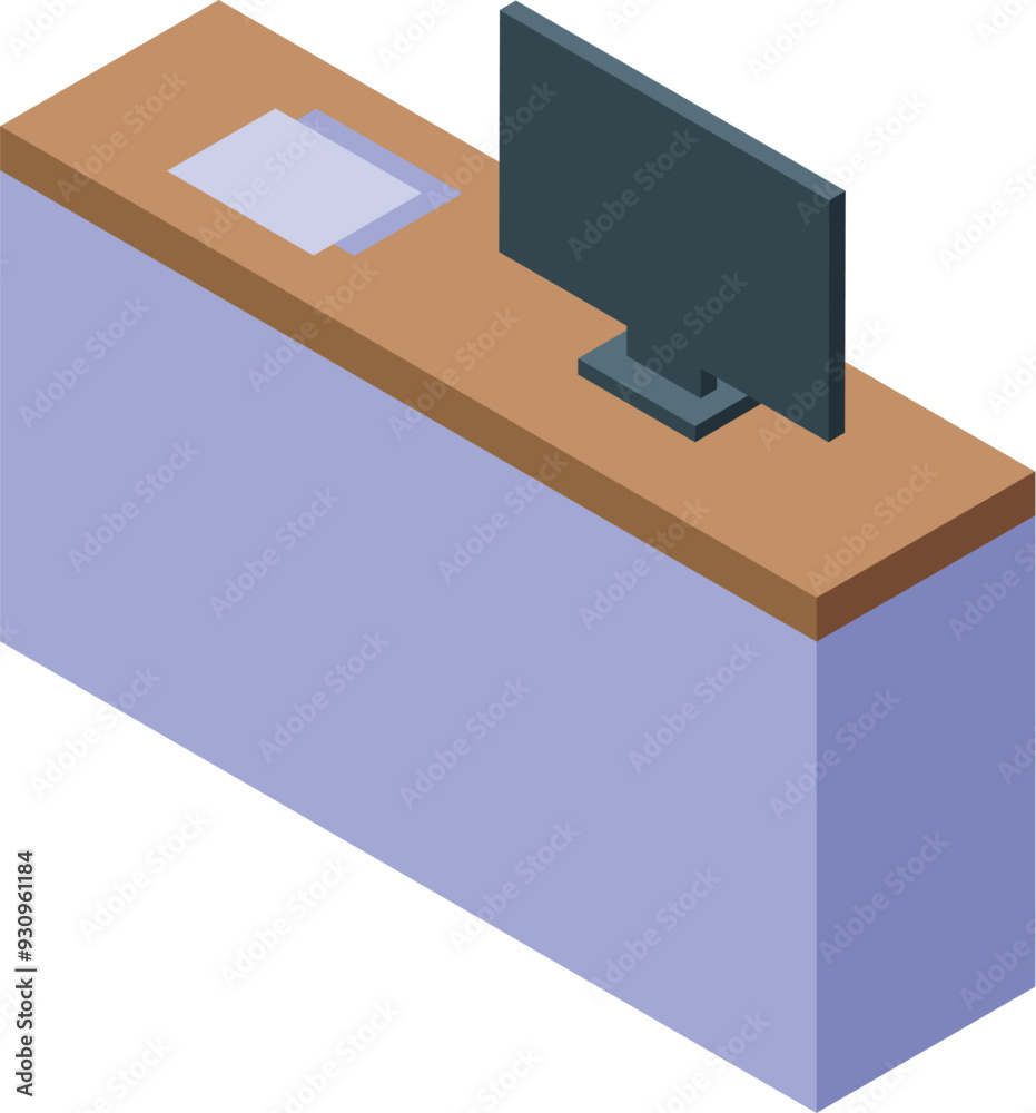 Poster modern reception desk with computer showing blank screen is waiting for clients