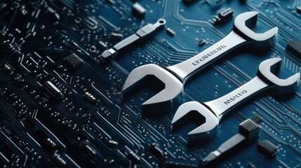 Fototapeta premium Wrench on Circuit Board - Hardware Repair