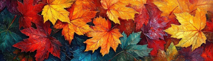 Naklejka na ściany i meble Vibrant autumn leaves display a stunning array of colors, showcasing nature's artistry in warm hues of red, orange, and yellow.