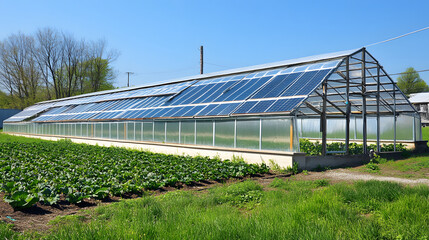 Modern greenhouse design featuring solar panels on the roof, enabling renewable energy production for environmentally conscious agriculture.