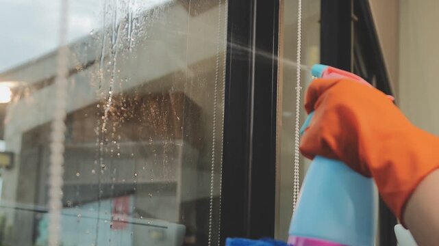 glass cleaner on a sheet of Cleaning glass window with a cloth special rag blue. close up hand