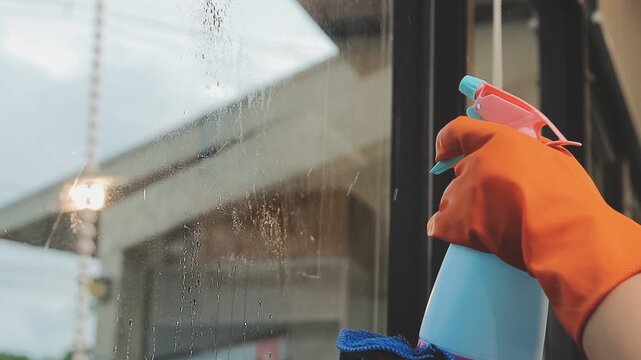 glass cleaner on a sheet of Cleaning glass window with a cloth special rag blue. close up hand