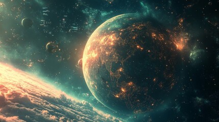 Obraz premium Planets in the process of terraforming, featuring atmospheric domes and glowing energy fields. Sparse vegetation is present, with distant space stations visible against a deep space backdrop. 