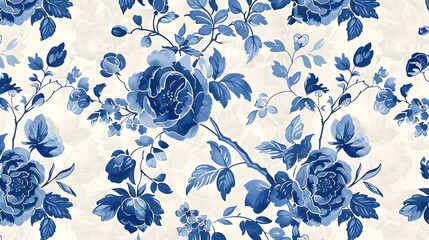 Blue and white Chinoiserie pattern with flowers