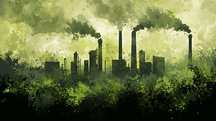 An industrial cityscape obscured by smoke and smog, with tall chimneys emitting black plumes against a green sky.