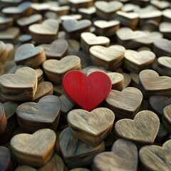 Obraz premium Elegant Valentine's Day Mood Board with Wooden Hearts, Red Heart Prominence, Symbolizing Love and Romance in a Rustic Setting