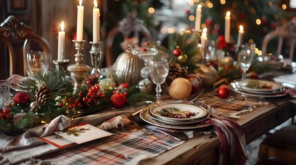 Christmas table setting for traditional lunch or dinner