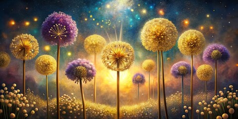 Fantasy ,Elegant and Beautiful Hand Drawn Surrealist Acrylic Painting  Flowers of Allium (Allium giganteum) , Small Light glowing effect and Gold Leaf effect of  particles