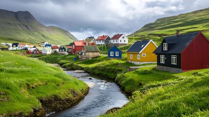 Colorful houses of Gjogv village with small river