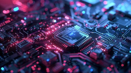 Fototapeta premium Close-up of a Motherboard with Glowing Circuits