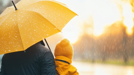Parent and child sharing an umbrella in the rain
