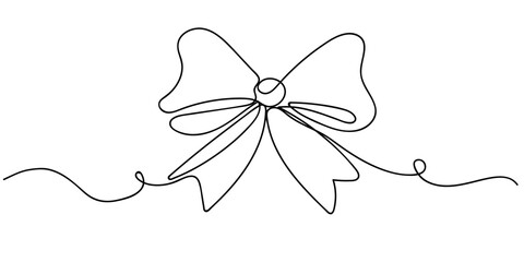 One continuous line drawing of a festive bow on a white background. Christmas and birthday present wrap in simple linear style. Concept of holiday and celebration. Vector illustration in doodle style